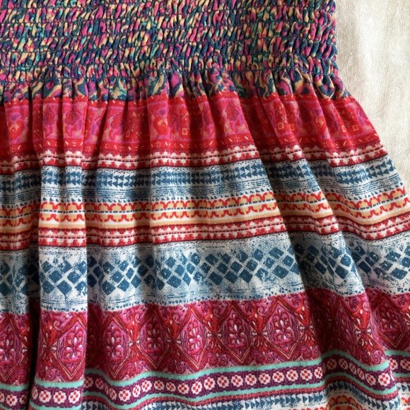 Boho Red Blue Multi-Colored Gypsy Hippie Stretchy Waist Mini Skirt Size L - Picture 7 of 8